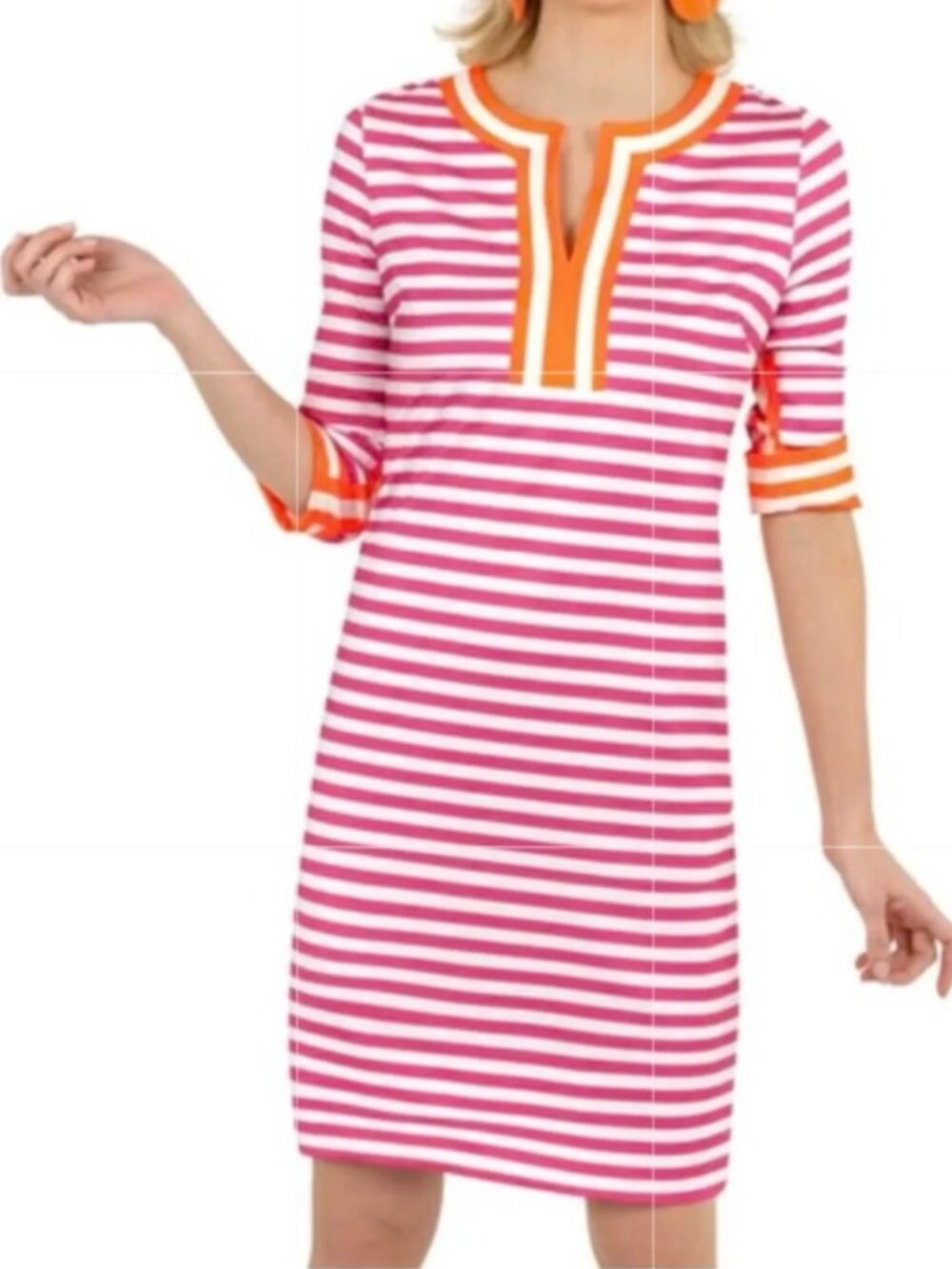 Gretchen Scott Hinkley Pink Stripe Split Neck 3/4 Sleeve Goddess Shift Dress, XS